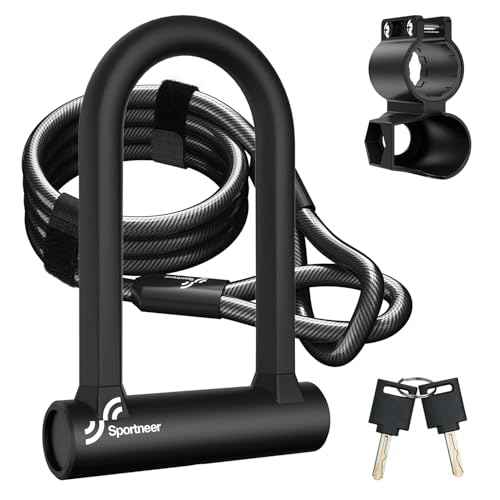 Sportneer Bike Lock: Heavy Duty Anti Theft Bike U Lock with 5ft Security Steel Cable - 17mm Shackle Bicycle U-Locks with Keys & Sturdy Mounting Bracket for Road, Mountain, Electric & Folding Bike