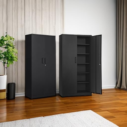 SISESOL Metal Storage Cabinet with 2 Doors and 6 Shelves,Black Metal Cabinet with Lock,71" Lockable Garage Storage Cabinets,Locking File Cabinet,Steel Tool Cabinets for Home,Office,Garage,Shop,School