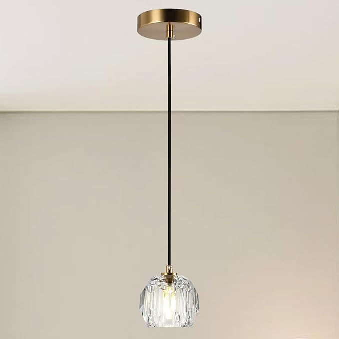 Modern Pendant Light, Brushed Brass Pendant Light Fixture for Kitchen Island, Small Cut Crystal Single Pendant Lighting for Dining Room Bathroom