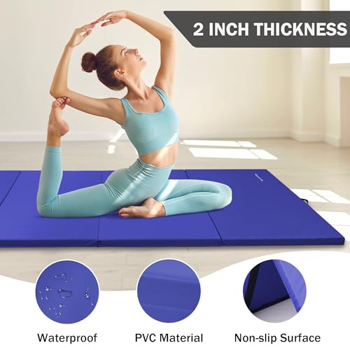 Fitvids Folding Exercise Gymnastics Mat, 4'x8'x2" Gym Workout Mat with Carrying Handles 4-Fold High-Density Anti-Tear Portable Fitness Aerobics Mat for Home Gym Yoga Pilates Tumbling MMA Core Training