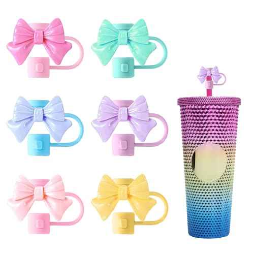 6Pcs Straw Cover for Starbucks Cup, 7-8MM Silicone Straw Topper Cap for Tumblers, Cute Bow Reusable Straw Protector Accessories Compatible with Starbucks Cups
