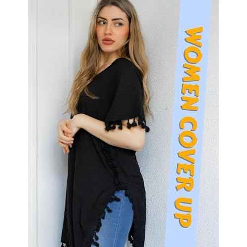 AI'MAGE Women Bathing Suit Cover Up Tassel Swimsuit Coverup Short Sleeve Beach Cover Ups Dress V Neck Beach Wear S-3XL