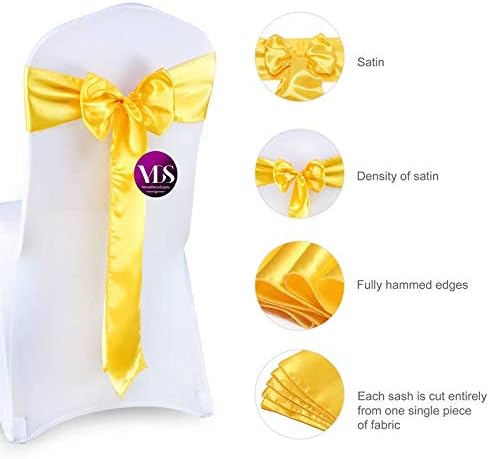 VDS Satin Chair Sashes Chair Cover Back Tie Sateen Bows Ribbon for Wedding Birthday Graduation Engagement Ceremony Event Party Banquet Venue Hotel All Dining Chair Decoration (100PC) (Yellow Gold)