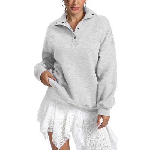Womens Fleece Sweatshirts Oversized Henley Neck Long Sleeve Button Pullover Tops Trendy Outfits Clothes 2026