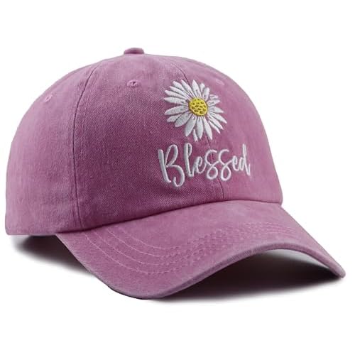 Embroidered Daisy Blessed Hat for Women Men, Adjustable Vintage Washed Cotton Christian Baseball Cap