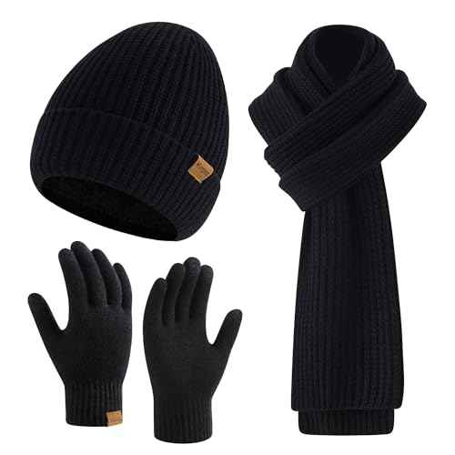 Mens Winter Beanie Hat Touchscreen Gloves Long Scarf 3 Set with Warm Fleece Lined Knit Cap Scarves for Men Women