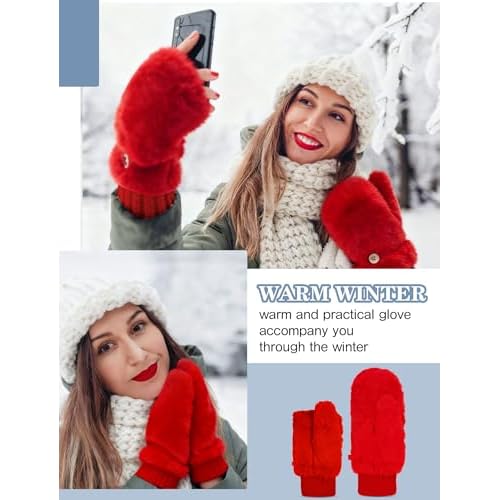 SATINIOR Faux Fur Mittens Fingerless Gloves Convertible Gloves Fluffy Winter Warm Soft Half Finger Fuzzy Mittens for Women