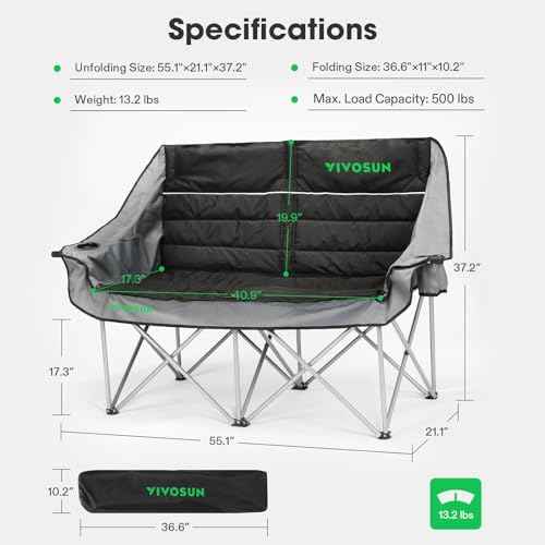 VIVOSUN Double Camping Chair, Fully Padded Folding Loveseat, Oversized Duo Chair with Cup & Wine Glass Holders, Pocket, Armrests & Carry Bag