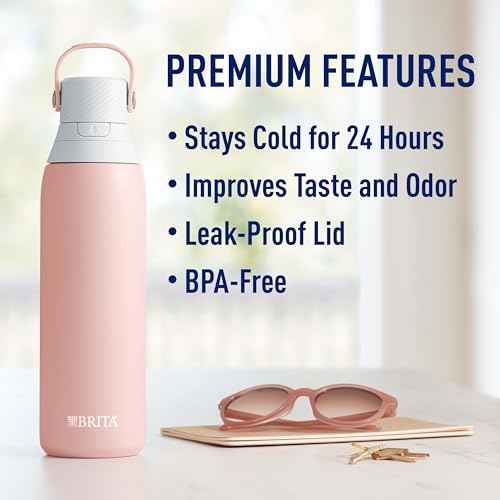 Brita Stainless Steel Premium Filtering Water Bottle, BPA-Free, Reusable, Insulated, Replaces 300 Plastic Water Bottles, Filter Lasts 2 Months or 40 Gallons, Includes 1 Filter, Rose - 20 oz