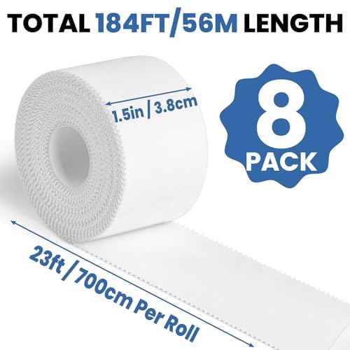8 Pack Athletic Tape, White Sports Tape, Easy Tear Wrist Tape, Strong Adhesion Tapes for Boxing, Gymnastics, Hockey, Soccer, Lacrosse and First Aid(1.5in x 184ft Total)