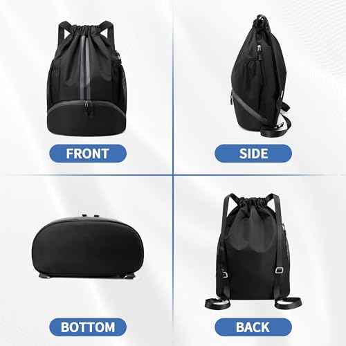 Drawstring Backpack Gym Bag with Shoes Compartment for Soccer, Basketball, Swim, Water-Resistant String Backpack Beach Cinch for Women Men