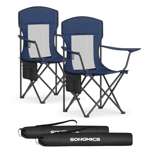 SONGMICS Breathable Camping Chairs, Foldable Outdoor Chairs Set of 2, High Back, Adjustable Armrests, Drink Holder, Weight Capacity 330 lb, for Sports Garden Backyard, Harbor Blue UGCB028Q01