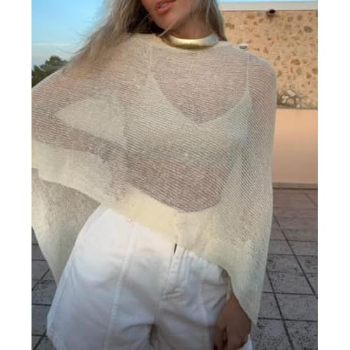 KMBANGI Women Sheer Knit Poncho Lightweight See Through Shrug Bolero Sweater Top Mesh Knit Shawl Wraps Cover Up