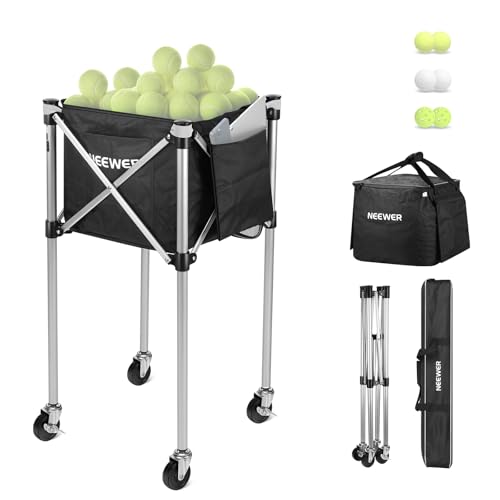 NEEWER Wheeled Ball Hopper Foldable Rolling Caddy Cart with Storage Bag, Three Accessory Side Pockets, Basket Holder for Up to 175 Tennis Balls or 120 Pickleballs, No Assembly Needed, TB02X