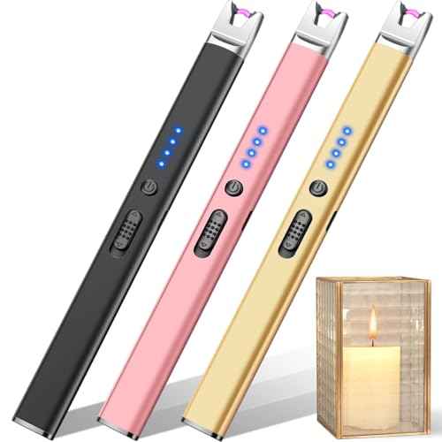 LcFun 3 Pack Candle Lighter Electric USB Rechargeable Plasma Arc Lighter with Safety Lock, Windproof Flameless Long Lighters for Candle, Grill, BBQ, Camping, Gas Stoves (Black, Pink, Gold)