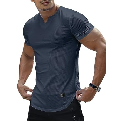 PLEPAN Mens Muscle T Shirts V Neck Short Sleeve Henley Shirt Hipster Longline Gym Workout Athletic Tee Shirts