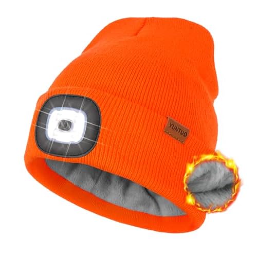 YunTuo Fleece Lined Beanie Headlamp Hat with Light, Rechargeable LED Winter Cap, Gifts for Men Women Husband