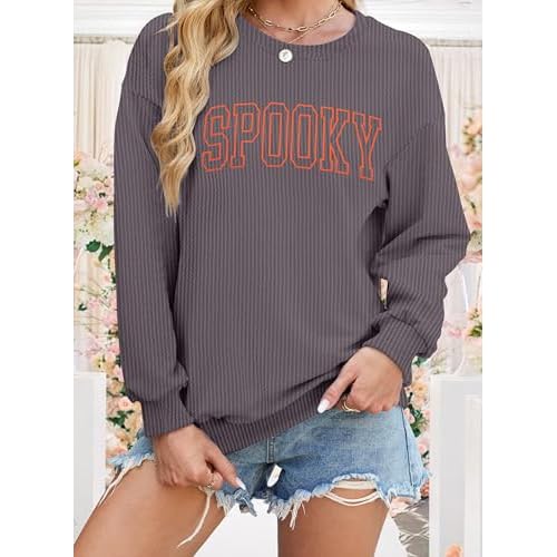 QLIPIN Spooky Season Sweatshirt Womens Halloween Sweatshirt Spooky Fall Ribbed Textured Knit Long Sleeve Pullover Tops