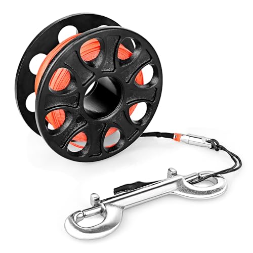 100FT Compact Scuba Diving Reel, Plastic Finger Spool Dive Reel with Stainless Steel Double-Ended Bolt Snap for Underwater Sports, Wreck Cave Diving, Snorkeling, Spearfishing (Black)
