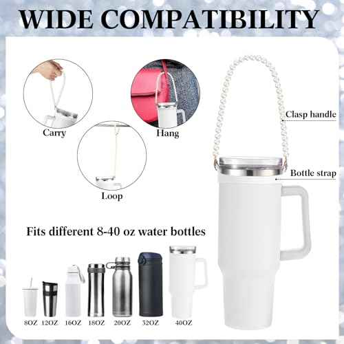 2 Pcs Silicone Water Bottle Handle Holder with Pearl Strap Compatible with Stanley Cup Accessories Sling Water Bottle Carrier Holde Fits Most 8-40 oz Tumbler Gift for Woman
