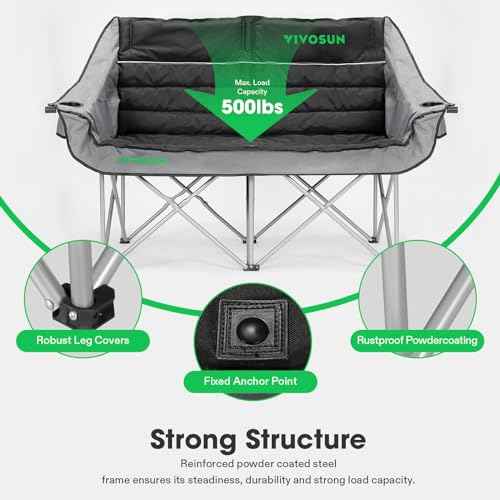 VIVOSUN Double Camping Chair, Fully Padded Folding Loveseat, Oversized Duo Chair with Cup & Wine Glass Holders, Pocket, Armrests & Carry Bag