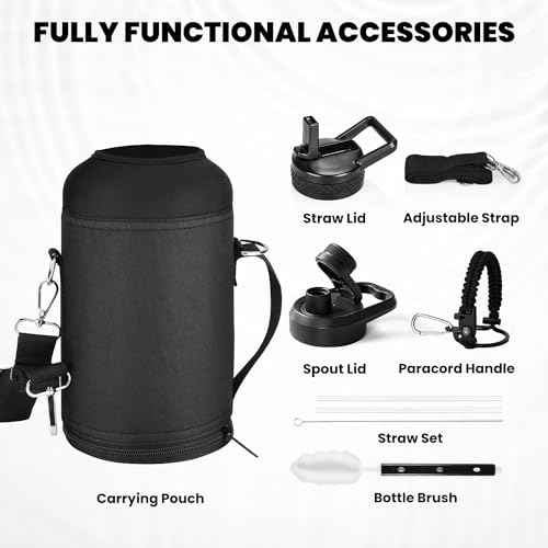 Insulated Water Bottle 64 oz, Triple Wall Vacuum Stainless Steel (Cold for 48 Hrs), Leak Proof & Non-BPA, Half Gallon Water Flask Jug with Paracord Handle & Straw Spout Lids, Magic Black