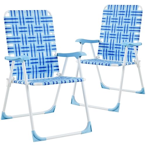 Yaheetech Set of 2 Outdoor Beach Camping Chair, Folding Lawn Chair with Armrests for Adults Portable Robust Iron Frame Chairs for Patio, Backyard, Poolside, Blue