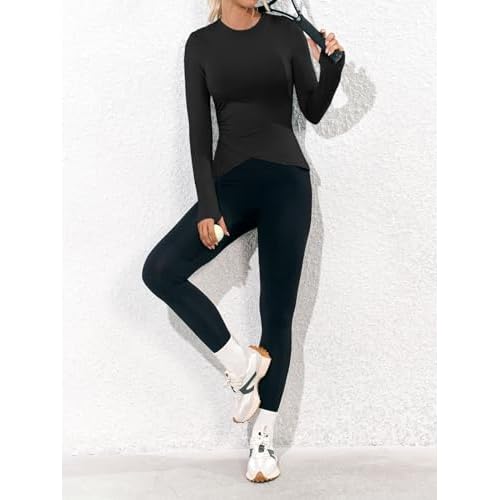 Fisoew Womens Long Sleeve Workout Tops Athletic Compression Shirts Crew Neck Cross Hem Running Yoga Active Shirts