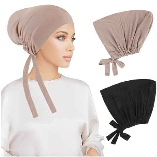 PHOGARY 2 Pcs Women Hijab Undercap, Islamic Muslim Under Hijab Cap Inner Under Scarf Hat Turban with Tie Back Closure