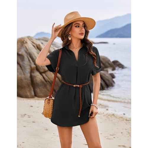 AI'MAGE Women's Swimsuit Coverup V Neck Bathing Suit Cover Up Shirt Short Sleeves Beach Bikini Swimwear Dress S-3XL