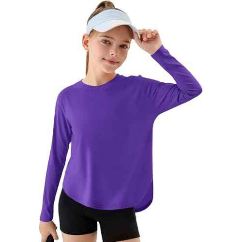 Haloumoning Girls Athletic Shirts Kids Long Sleeve Active Sports T Shirts Quick Dry Tunic Tops Basic Tees 5-14 Years