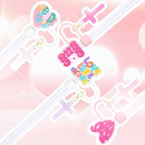 10mm Straw Toppers Set, Pink Jenus Faith Straw Covers Cap with Clip-on Cross Charms for 30oz 40 0z Stanley Tumblers, Cute and Bling Modern Simple Tips Stanley Accessories