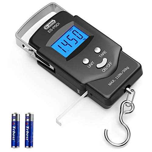 Fish Scale Luggage Scale Fishing Gear - 110lb Backlit LCD Display Digital Scale with Built-in Measuring Tape - Fishing Scale with 2 AAA Batteries, Pocket Size - Fishing Gifts for Men