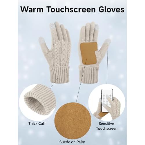 Aneco Winter Beanie Hat Scarf Gloves Ear Warmer Set for Women Fleece Lined Pom Pom Beanie Touchscreen Gloves 4 in 1 Set