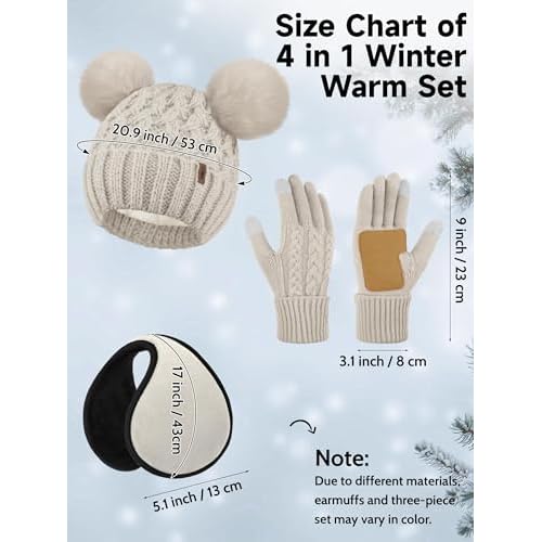 Aneco Winter Beanie Hat Scarf Gloves Ear Warmer Set for Women Fleece Lined Pom Pom Beanie Touchscreen Gloves 4 in 1 Set