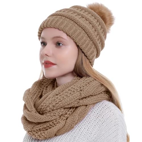 Double Couple Winter Scarf and Hat Set for Women Thick Cable Knitted Circle Loop Infinity Scarfs and Warm Beanie Hat