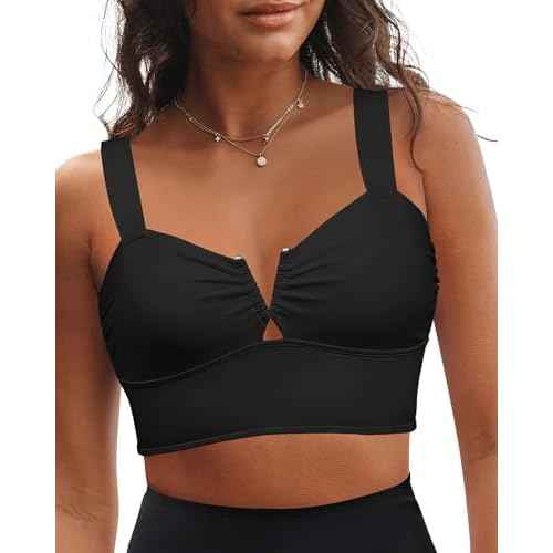 GRAPENT Bikini Tops for Women Cropped Tankini Tops Beach V Bar Padded Ruched Adjustable Strap Swimsuit Swim Top Only
