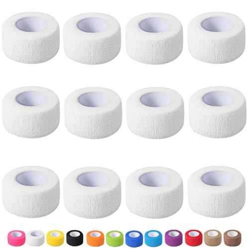 12 Pack Self Adhesive Bandage Wrap, 1 in x 5 Yards Non-Woven Self Adherent Cohesive Bandage, Vet Wrap Wound Tape for Thumb Finger Wrist Knee Ankle, White