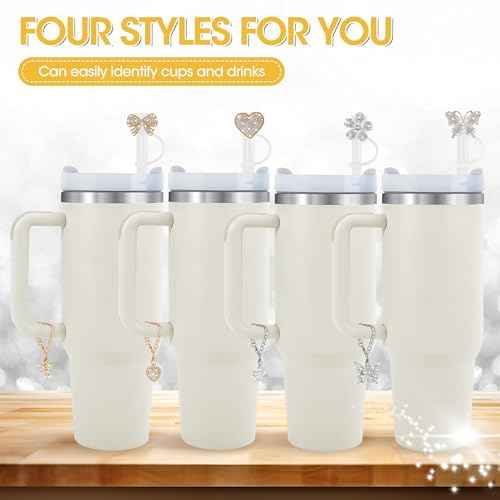 Straw Covers for Stanley Cup Accessories - 10mm 0.4" Straw Lids with Shiny Diamond Bows, Butterflies, and Flowers and Matching Chain Charms for 30 & 40oz tumblers with Handles£¨Gold & Silver)
