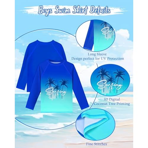 Boys Rash Guard Swim Set with Swim Trunks Bathing Suit Long Sleeve Swim Shirt Quick Dry Swimsuit Kids Swimwear Size 7-16