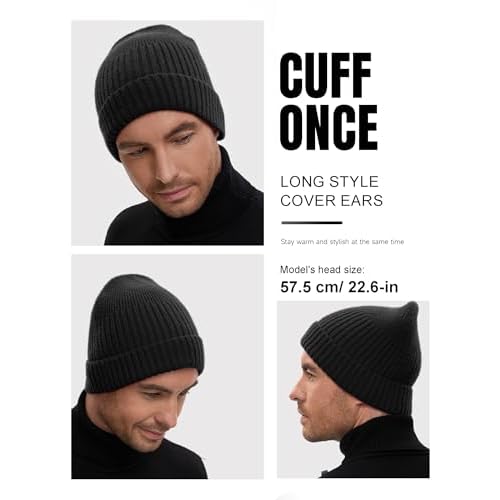 50% Wool Double Cuff Knit Beanie Hat for Men Women, Short Fisherman/Slouchy Warm Winter Skull Cap Trawler Watch Cap