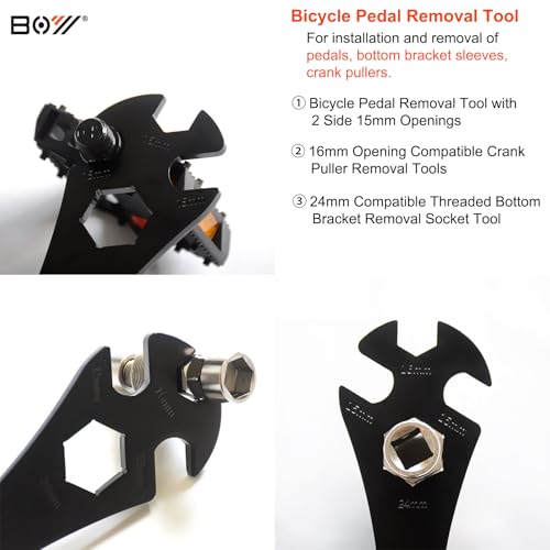 15mm Bike Pedal Wrench Removal Tool, Long Lever Bicycle Pedal Spanner, 15mm/16mm/24mm Openings (3-in-1)