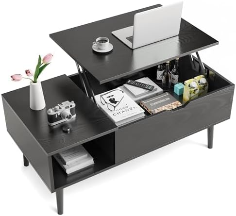 Sweetcrispy Coffee Table Lift Top Coffee Tables for Living Room,Small Rising Wooden Center Tables with Storage Shelf and Hidden Compartment, Black
