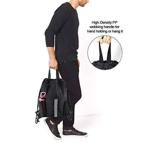 BeeGreen Drawstring Backpack Bag with Shoe Compartment, X-Large Black Gym Sports String Cinch Backpack