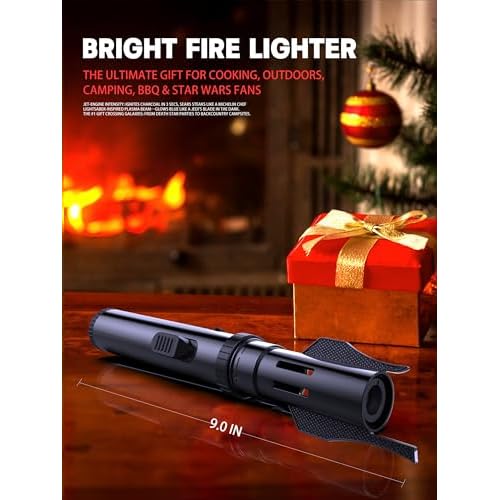 Bright Fire Torch Lighter Butane Refillable, Long Jet Flame Butane Lighter with Long Handle, Adjustable Windproof Lighters for Cooking Fireplace Camping BBQ Lighters Gift for Man (Without Fuel) Black