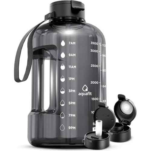 AQUAFIT 1 Gallon Water Bottle with Time Marker - Straw & Chug Lid - BPA Free Gym Water Bottle with Straw - Big Gallon Jug (Gray, 128 oz - 2 Lids)
