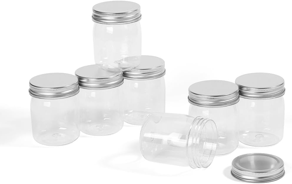 Plastic Mason Jars Reusable Storage Containers with Silver Airtight Lid 8 Ounce Clear Jars for Dry Foods, Coffee,BPA Free (32 Pack-Sliver)