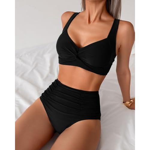 Fanuerg Women's High Waisted Bikini Sets Twist Front Two Piece Swimsuit Ruched Tummy Control Bathing Suits