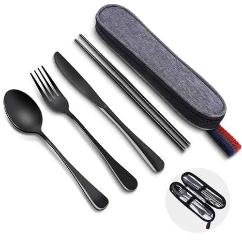Reusable Travel Utensils Set with Case, Premium Stainless Steel Flatware, Portable Silverware for Lunch, Camping, Picnic, Travel Fork and Spoon Set, To Go Utensils, Dishwasher Safe