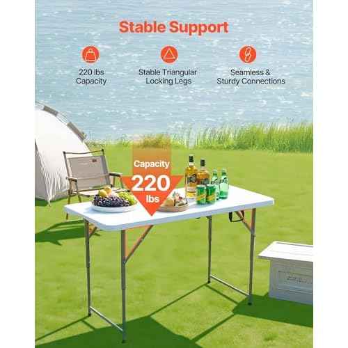 VEVOR Folding Table, 4 Ft Heavy Duty Portable Fold-in-Half Utility Table, Indoor Outdoor Plastic Rectangle Table with Adjustable Height and Built in Handle, for Party, Dining, Picnic, Camping, White